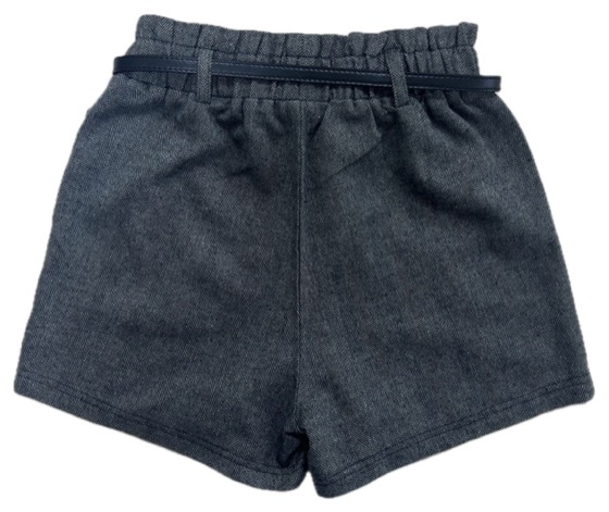 Grey herringbone paperbag-waist shorts with belt, back