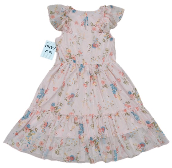 Pink floral chiffon flutter-sleeve tiered dress, back