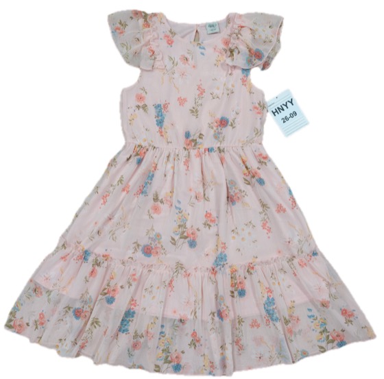 Pink floral chiffon flutter-sleeve tiered dress, front