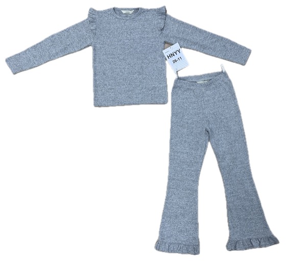 Grey marl ruffle-trim top and flared pants loungewear set, front