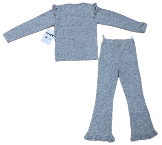 Grey marl ruffle-trim top and flared pants set, back view
