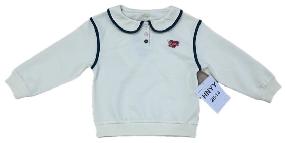 Cream polo-collar sweatshirt with navy piping, embroidered emblem