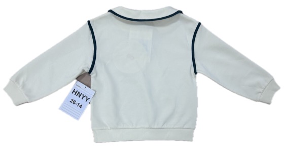 Cream polo-collar sweatshirt with navy piping, back view