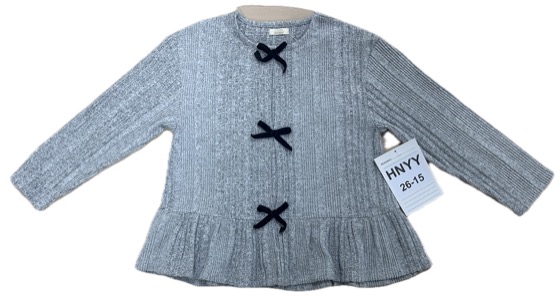 Grey ribbed knit top with bows and peplum ruffle hem