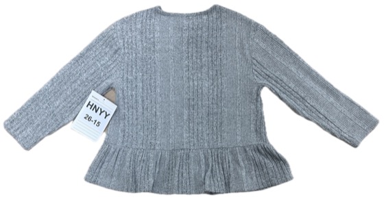 Grey ribbed knit peplum top, back view
