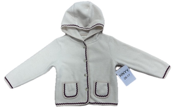 Cream fleece hooded cardigan with scalloped trim, front view