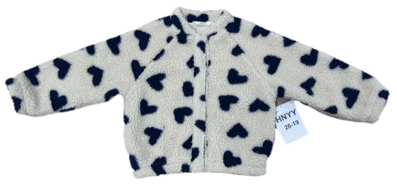 Cream sherpa jacket with navy heart print, front view