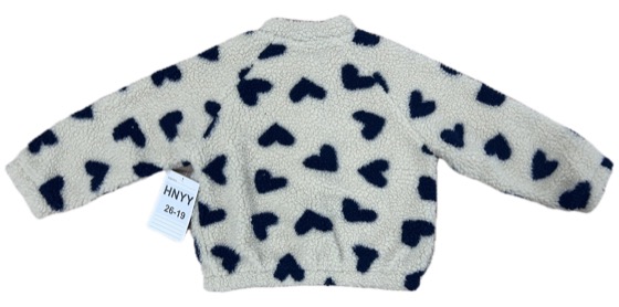 Cream sherpa jacket with navy heart print, back view