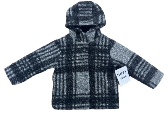 Grey plaid boucle hooded coat, front view