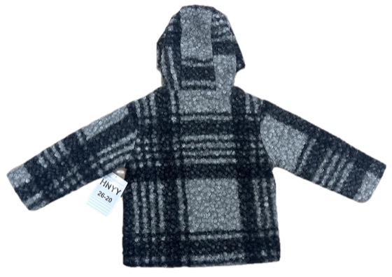Grey plaid boucle hooded coat, back view