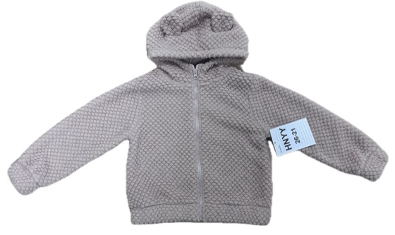 Beige textured fleece zip hoodie with bear ears, front