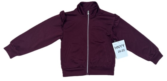 Burgundy zip track jacket with shoulder ruffles, front view