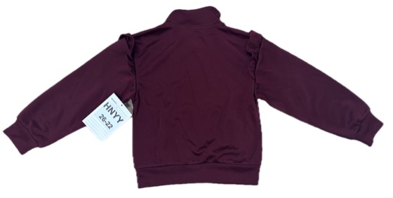 Burgundy zip track jacket with shoulder ruffles, back view