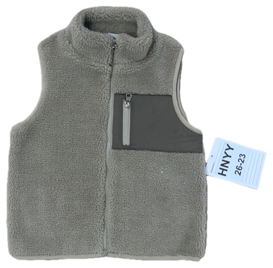 Grey sherpa fleece zip vest with chest pocket, front view