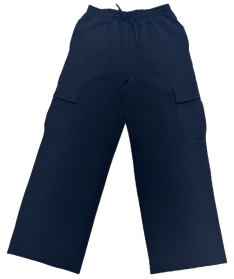 Navy wide-leg cargo pants with drawstring waist, front view