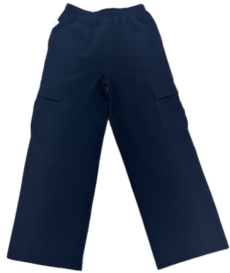 Navy wide-leg cargo pants, back view
