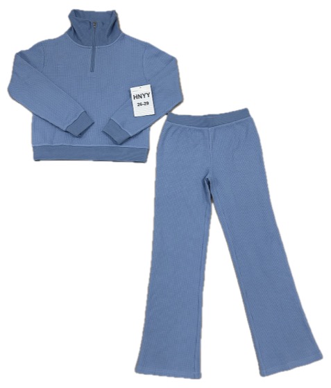 Blue ribbed half-zip pullover and flared pants set, front