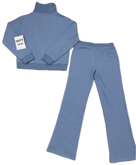 Blue ribbed half-zip pullover and flared pants set, back