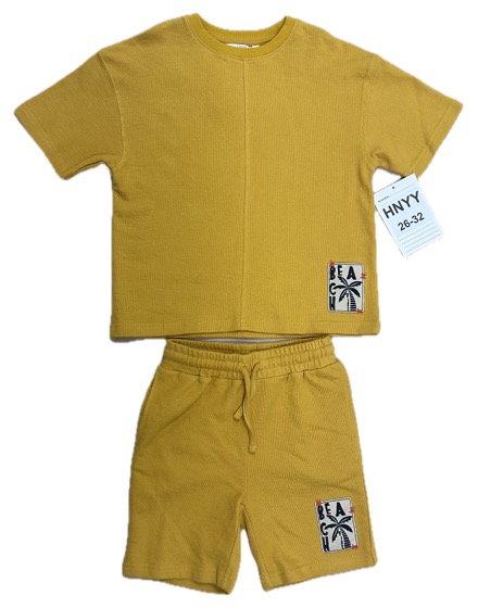 Mustard waffle-knit tee and shorts set, beach patch, front