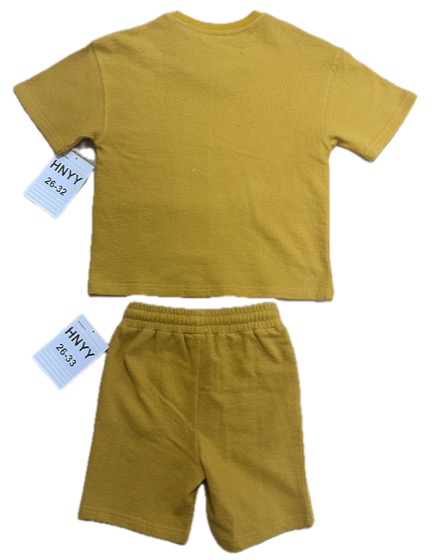 Mustard waffle-knit tee and shorts set, back view