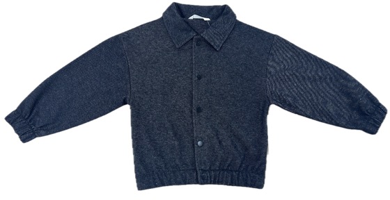 Navy knit collared jacket with snap buttons, elastic cuffs