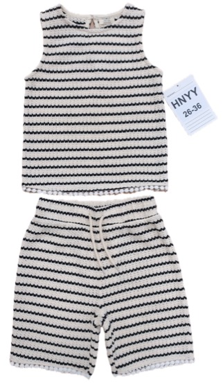 Striped crochet-knit tank and shorts set, pom-pom trim, front
