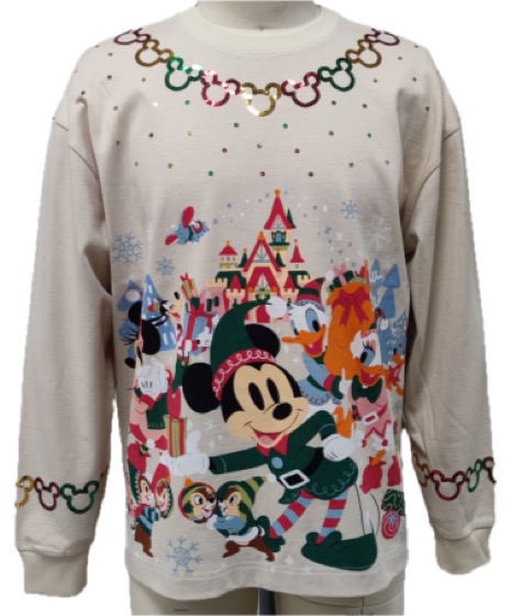 Cream Mickey holiday sweatshirt with sequin garland, front