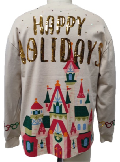 Cream Happy Holidays castle sweatshirt, back view