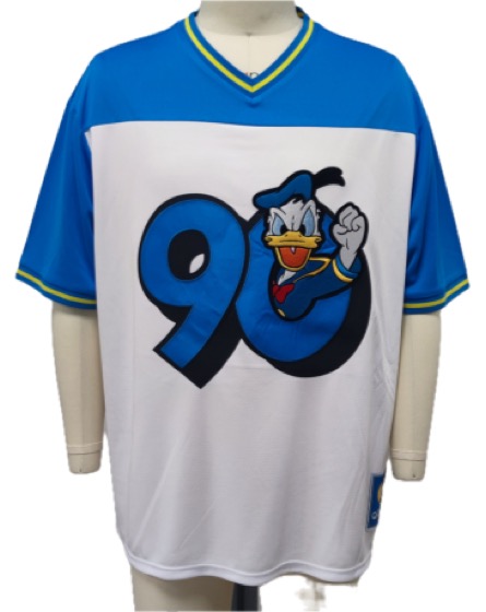 Blue/white V-neck jersey tee, Donald Duck 90 graphic, front