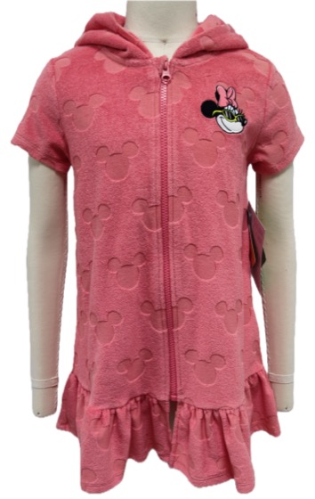 Pink terry zip hooded cover-up, embossed Minnie heads, ruffle hem