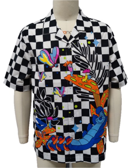 Checkerboard camp shirt with Alice in Wonderland Caterpillar print