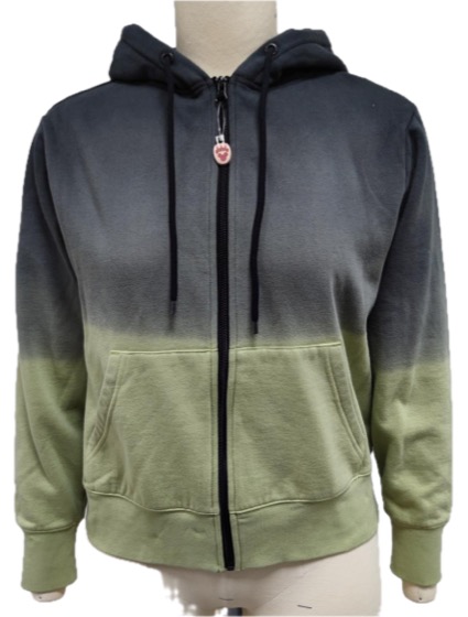 Black-to-olive ombre zip hoodie with drawstrings
