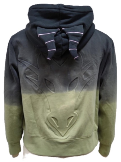 Ombre hoodie back, embossed dragon face, striped horns
