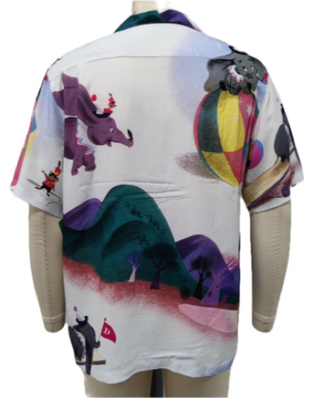 Back view, Dumbo circus print camp shirt