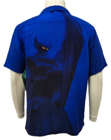 Back view, blue Fantasia Chernabog print camp shirt