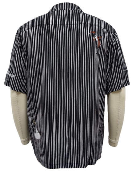 Back view, striped shirt with Jack Skellington embroidery