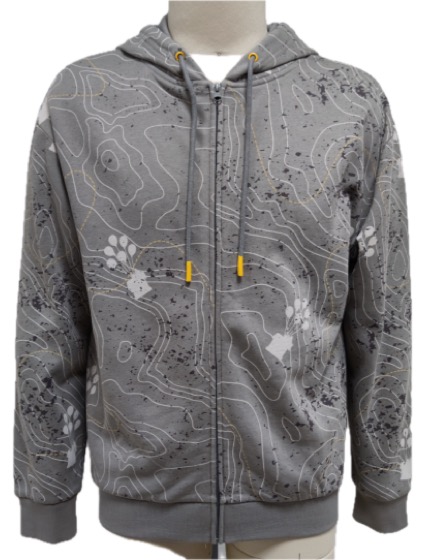 Grey zip-up hoodie, topographic contour and paw print