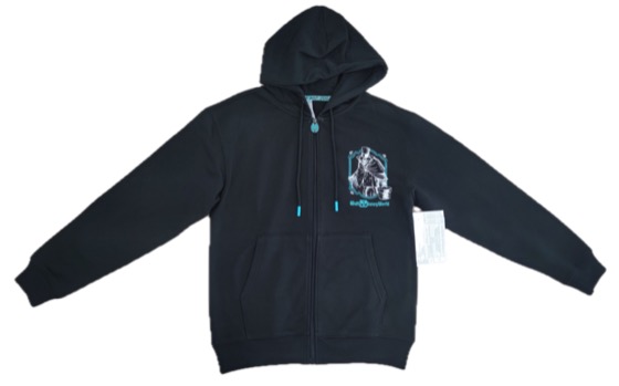 Black zip-up hoodie with Disney character chest print