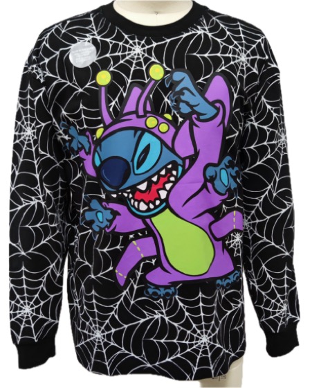 Black spider-web long-sleeve top with Stitch alien graphic
