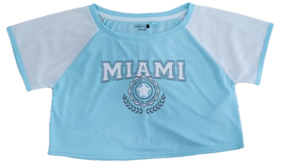 Light blue Miami crop tee with white mesh sleeves
