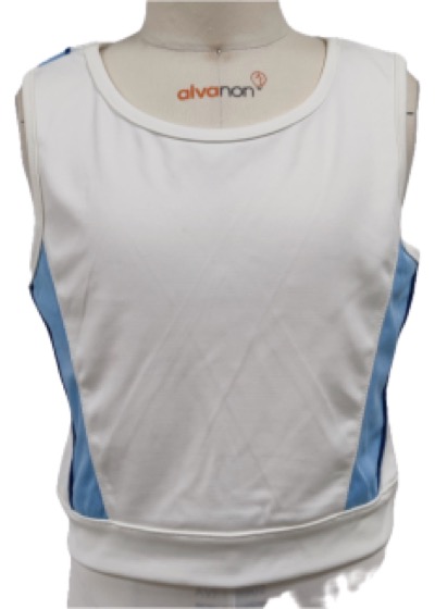 White sleeveless sports crop top with blue side panels
