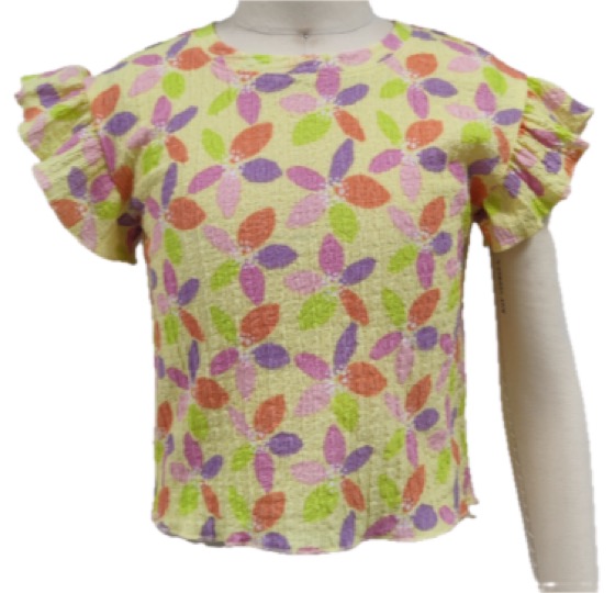 Yellow crinkle top, multicolor petal print, ruffle sleeves