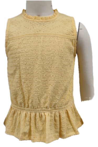 Yellow textured sleeveless peplum top with ruffle neck