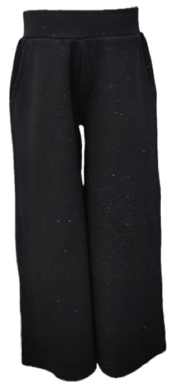 Black speckled fleece wide-leg pants, ribbed waistband