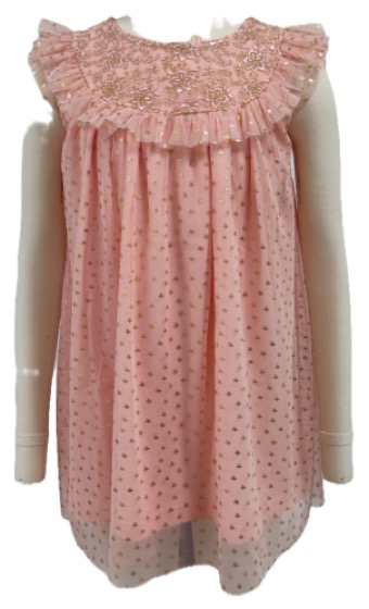 Pink tulle dress, gold heart dots, sequin ruffle yoke