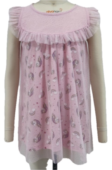 Pink tulle-overlay dress with unicorn and rainbow print