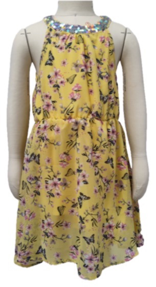 Yellow butterfly floral chiffon dress, sequin halter neck