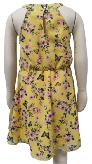 Back view of yellow butterfly floral chiffon dress