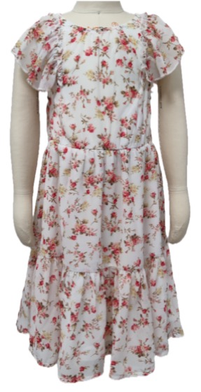 White floral girls dress with ruffle sleeves and tiered skirt