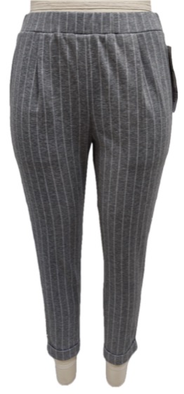 Grey pinstripe knit trousers with elastic waist, front view